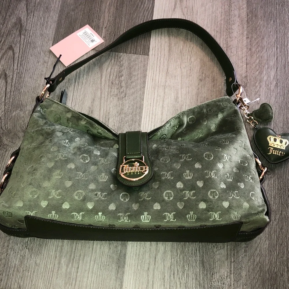 Juicy Couture Supergreens First Class Couture Hobo Bag Velvet & Faux Leather NWT